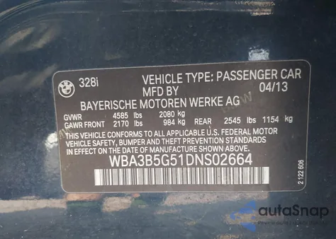 2013 BMW 328 xDrive z USA, uszkodzony, nr VIN WBA3B5G51DNS02664